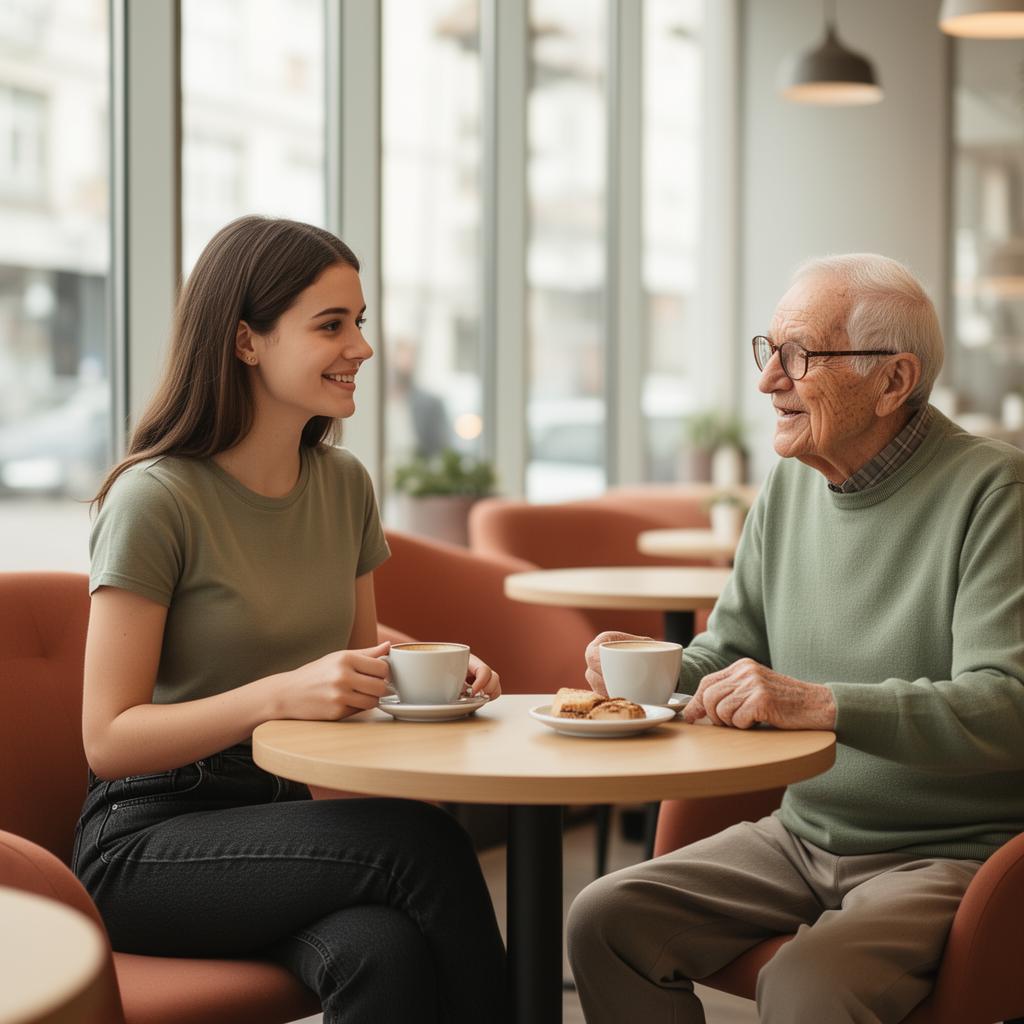 Ung kvinna och äldre man pratar och fikar tillsammans i ljust café
